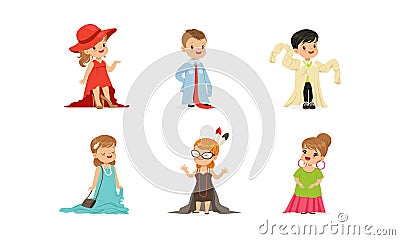 Cute Little Kids Wearing Elegant Adult Oversized Clothes Vector Illustrations Set Vector Illustration