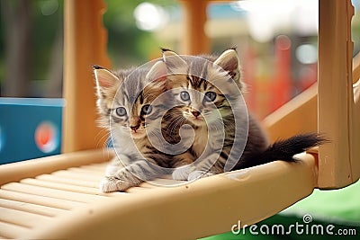 Cute little kitten cats that playing together at playground with happiness, funny moment of pet, fluffy cat, with Generative Ai Stock Photo