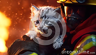 Cute little kitten in fire fighter uniform with fire engine on background Stock Photo