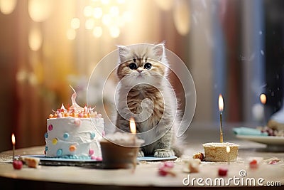 A cute little kitten near the cake. Birthday celebration Stock Photo