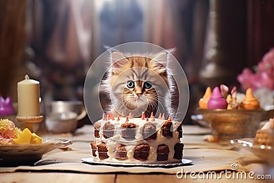 A cute little kitten near the cake. Birthday celebration. AI generation Stock Photo