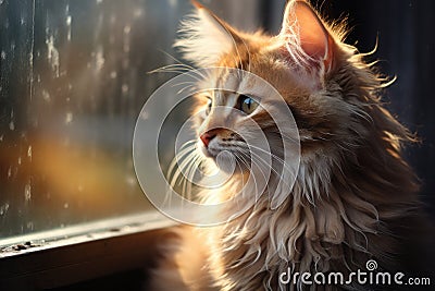 A cute little kitten near a rainy window Stock Photo