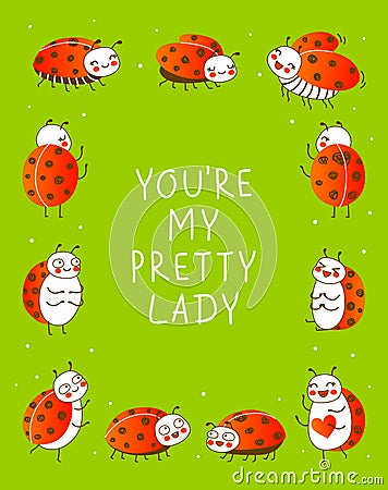 Cute little ladybugs on green background - cartoon vertical frame for funny design Vector Illustration