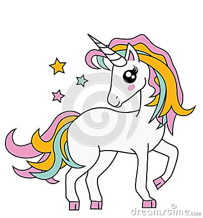 Cute Little Magic Unicorn isolated on white, Vector Illustration. Fairy Tale Character. Fantasy Cartoon Character. Animals And Myt Vector Illustration