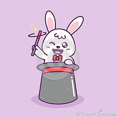 Cute little magician rabbit with hat and magic stick Vector Illustration