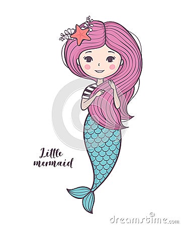 Cute little mermaid. Beautiful cartoon mermaid girl with pink hair Vector Illustration