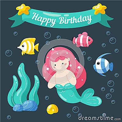 Cute little mermaid birthday card. Marine life cartoon characters in cute doodle style. Birthday card template Stock Photo