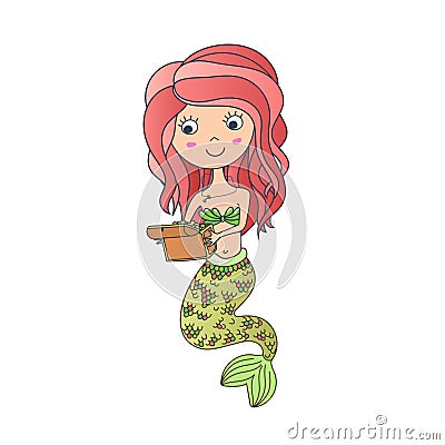 Cute little mermaid with green scaly tail and red hair holding box with golden treasure Vector Illustration
