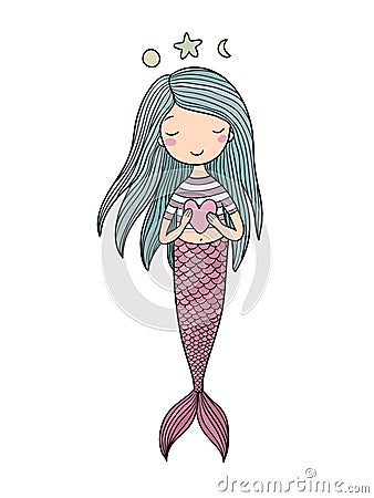 Cute little mermaid with heart. Siren. Sea theme. vector illustration Vector Illustration