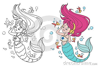 Cute little mermaid with long hair and wearing a t-shirt listen to music Vector Illustration