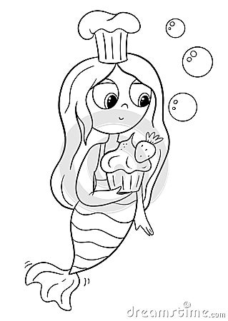 Cute little mermaid with muffin, Coloring book page for kids. Collection of design element, outline, kawaii anime chibi st Stock Photo