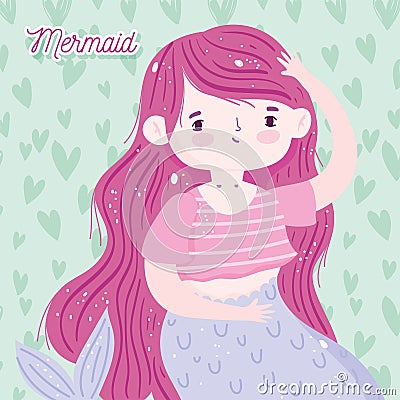 Cute little mermaid pink hair hearts decoration background cartoon Vector Illustration