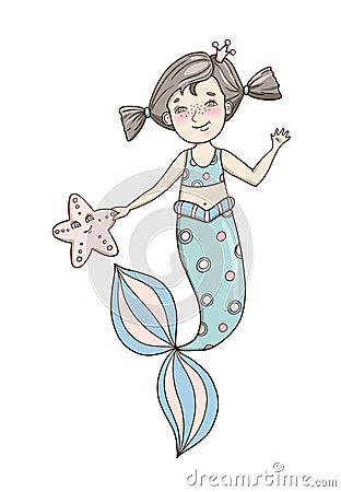 Cute Little Mermaid with sea star. Hand drawn illustration. Cartoon Illustration