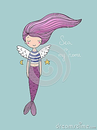 Cute little mermaid with wings. Siren. Sea theme. Vector Illustration