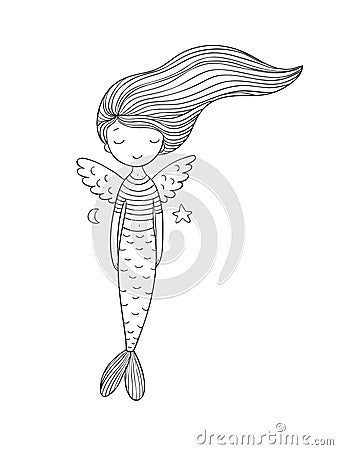 Cute little mermaid with wings. Siren. Sea theme. Vector Illustration
