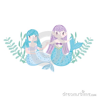 Cute little mermaids holding hands leaves decoration magic cartoon Vector Illustration
