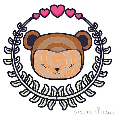 Cute and little monkey with wreath and hearts Vector Illustration