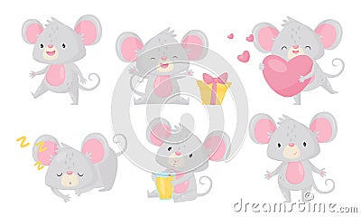 Cute Little Mouse Cartoon Character Collection, Adorable Rodent Animal in Different Situations Vector Illustration Vector Illustration