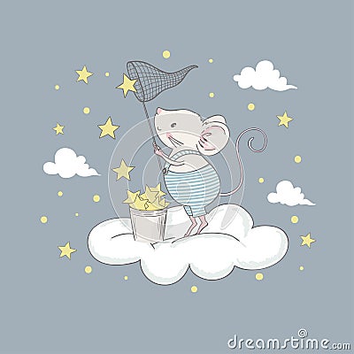 Cute little mouse on the cloud Vector Illustration