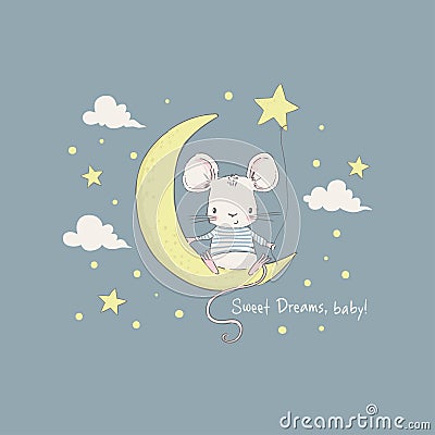 Cute little mouse on the moon Vector Illustration