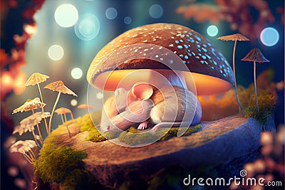 A cute little mouse sleeps in the forest under a mushroom glowing from the inside Stock Photo