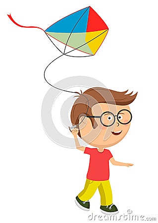 Cute little nerd boy with glasses playing with colorful kite Vector Illustration