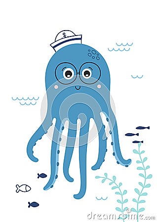 Cute little octopus with glasses. Childish print for nursery. Sweet sea animal. Vector. Vector Illustration