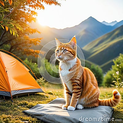 A cute little orange cat who likes to sit in front of a when camping on and spend Cartoon Illustration