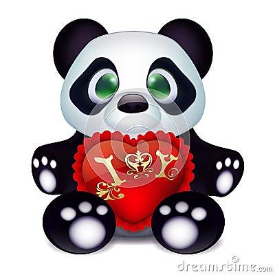 Cute little panda in love with a red velvet pillow gift heart and a declaration of love Vector Illustration