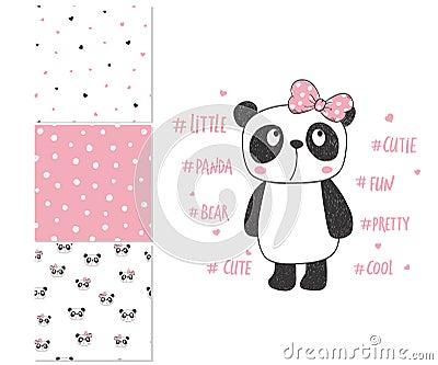 Cute little panda. Surface design and 3 seamless patterns Vector Illustration