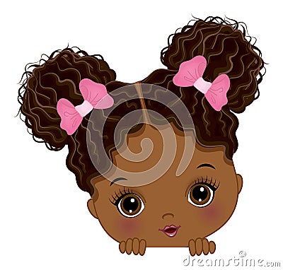 Cute Little Peekaboo Baby Girl with Afro Buns. Vector Peek a Boo Black Girl Vector Illustration