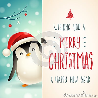 Cute little Penguin with big signboard. Merry Christmas calligraphy lettering design Vector Illustration