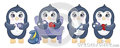 Cute little penguin with diabetes. Cartoon character with glucometer, syringe pen, hypoglycemia and sugar, glucose measurement sen Vector Illustration