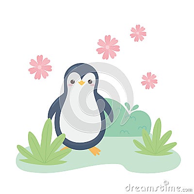 Cute little penguin flowers grass cartoon animal Vector Illustration