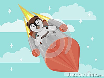 Cute little penguin flying on a rocket. A smiling character. Cartoon Illustration