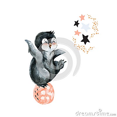 Cute little penguin illustration. Brave mascot animal with stars, planets in minimal style Cartoon Illustration