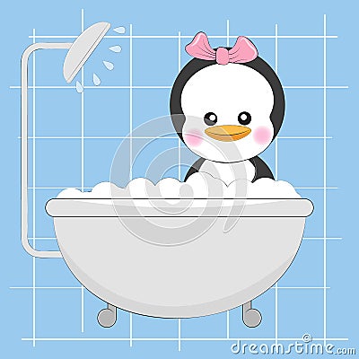 Cute little penguin in the shower. Vector Illustration