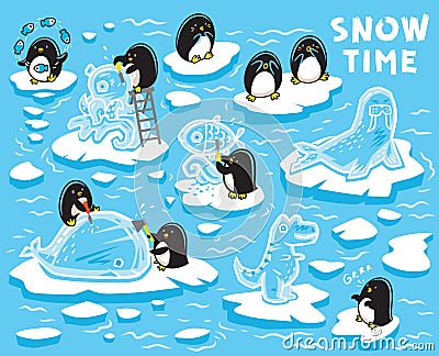 Cute little penguins creates ice statues on the ice floes. Vector illustration Vector Illustration