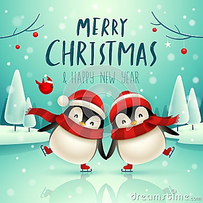 Cute little penguins skate on frozen river in Christmas snow scene. Christmas cute animal cartoon character. Vector Illustration