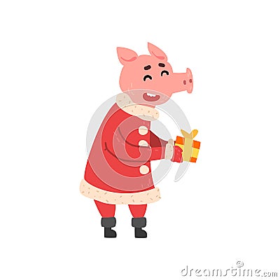 Cute little pig character dressed in Santa costume holding gift box, Chinese symbol of New Year, design element for Vector Illustration