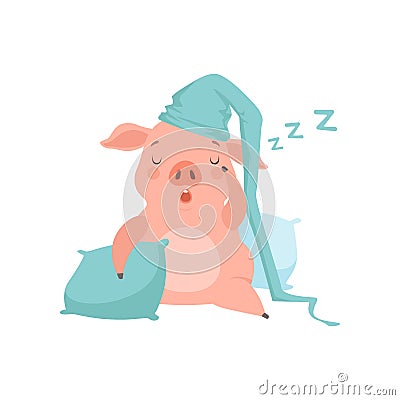 Cute little pig in light blue nightcap sleeping on pillows, funny piglet cartoon character vector Illustration on a Vector Illustration