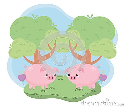 Cute little piggies and tree cartoon animals in a natural landscape Vector Illustration