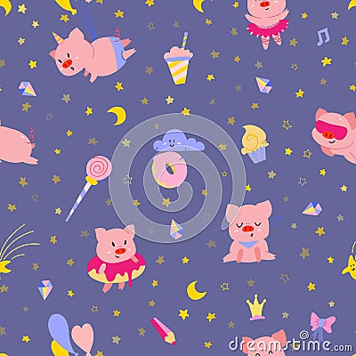 Cute little pigs on night sky seamless pattern. Vector Illustration
