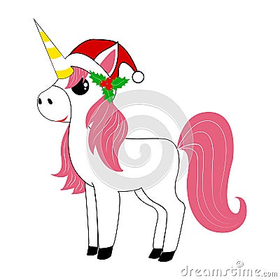Cute little pink magic unicorn in santa hat. New Year. Christmas. Card Vector Illustration