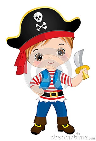 Cute Little Pirate Holding Knife. Vector Pirate Vector Illustration