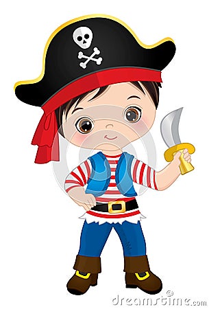 Cute Little Pirate Holding Knife. Vector Pirate Vector Illustration