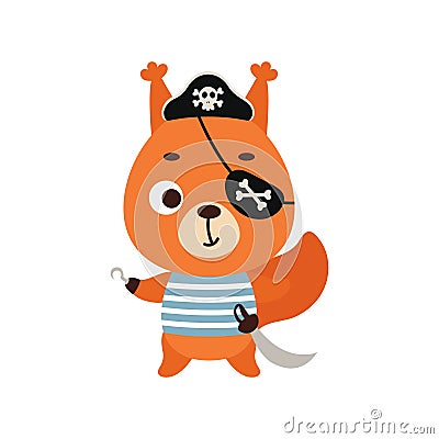 Cute little pirate squirrel with hook and blindfold. Cartoon animal character for kids t-shirts, nursery decoration, baby shower, Vector Illustration