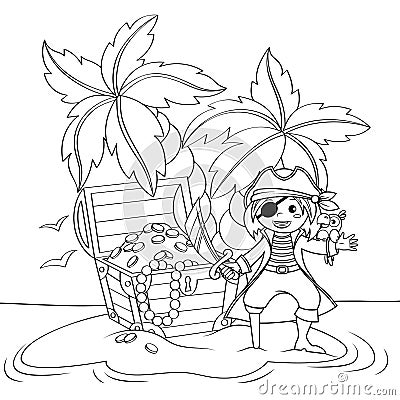 Cute little pirate and treasure chest on deserted beach with palm trees. Black and white illustration for coloring book Cartoon Illustration