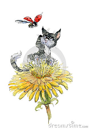 Cute little playing kitten on a dandelion flower and a flying ladybug. Watercolor illustration. Handmade. Cartoon Illustration