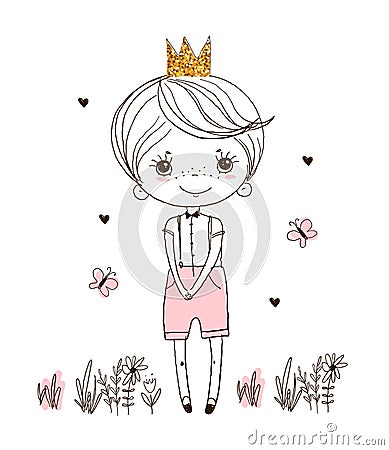 Cute little prince in a golden crown. Toddler in shorts with suspenders stands on the grass. Greeting card with a Vector Illustration